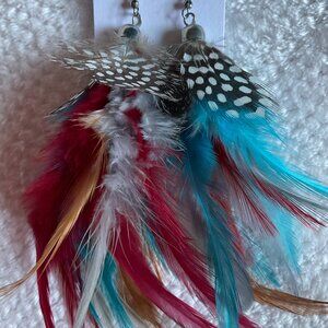 Faux Pheasant Feather Southwestern Drop Earrings in Red, Blue, Black, Brown